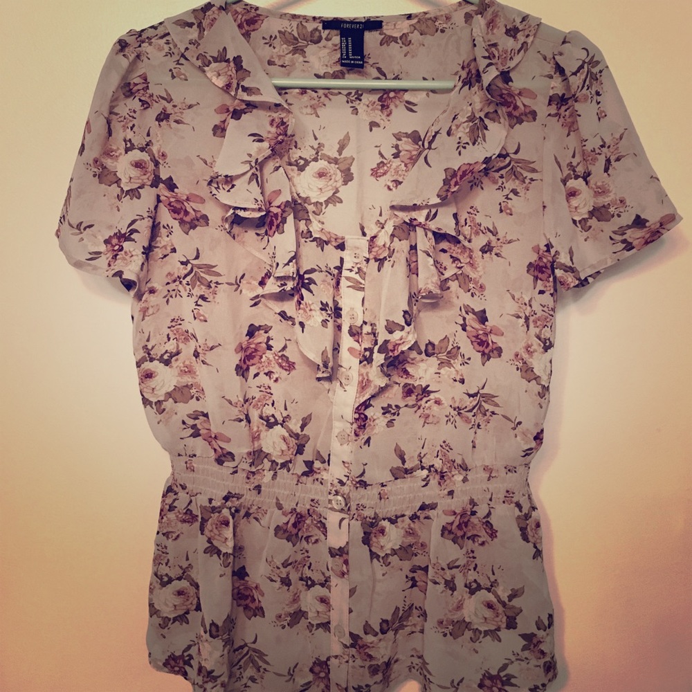 Sheer Floral Ruffle Button Top